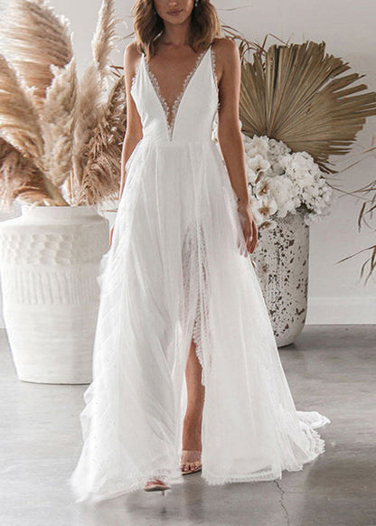 Fine White V Neck Side Open Lace Spaghetti Strap Dress Summer
