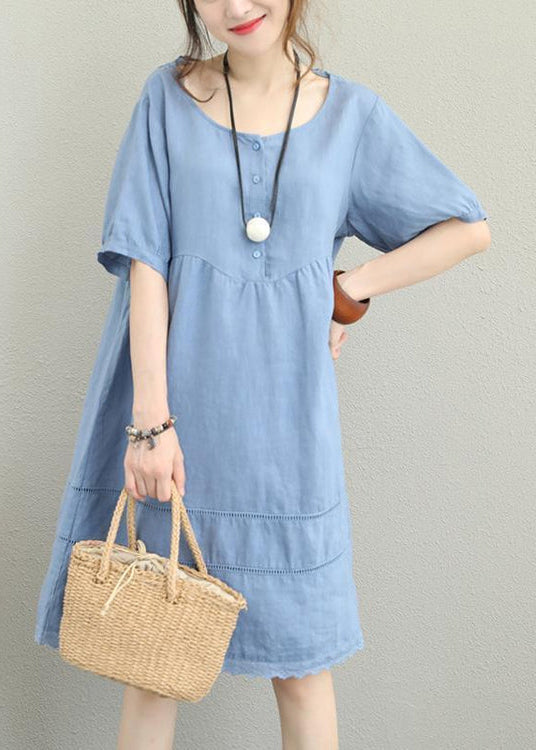 Stylish Light Blue Linen Shift Dress Oversize Shirt Dress Patchwork Lace Hollow Out Linen Cotton Dress
