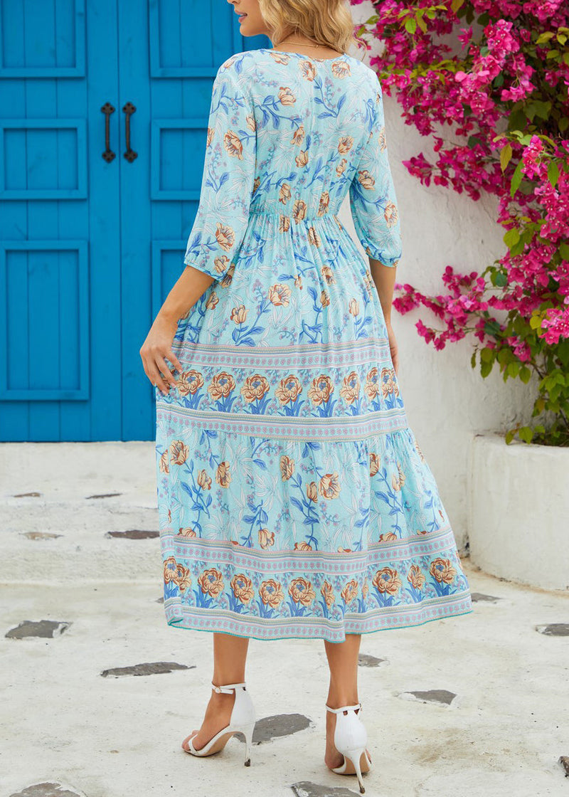 Classy Blue V Neck Print Wrinkled Cotton Dresses Summer