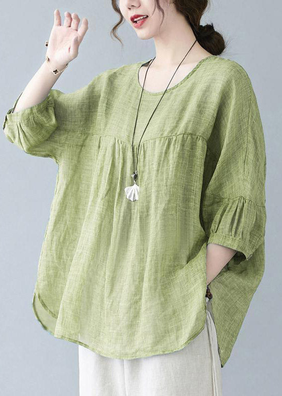 Green O-neck Patchwork Wrinkled Top Half Sleeve