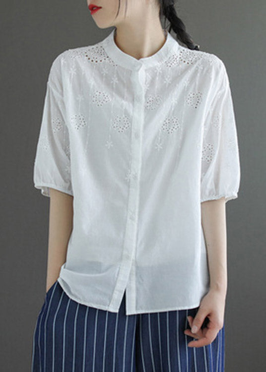 Light Blue Stand Collar Embroidered Button Cotton Shirt Half Sleeve