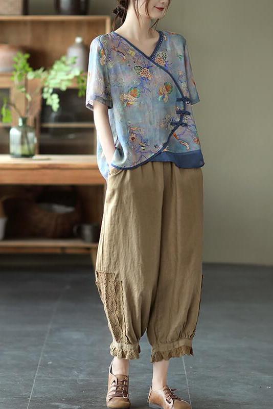 Stitching Print V Neck Short Sleeve T-shirt