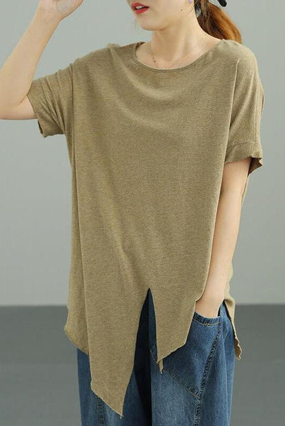 Pure Color O Neck Split Hem T-shirt