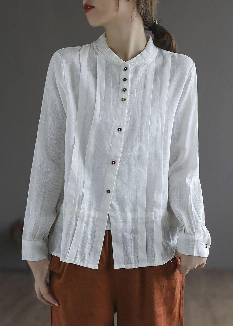 White Linen Retro Wrinkled Fall Tie Waist Long Sleeve Shirt Tops