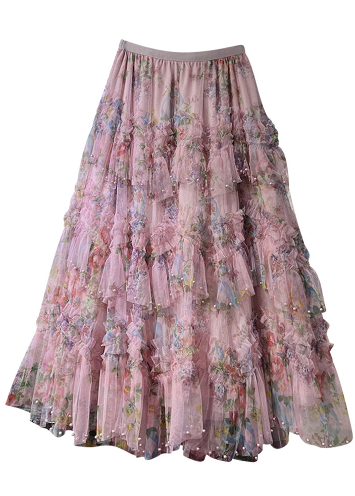 Pink Asymmetrical Print Nail Bead Tulle a Line Skirt Spring