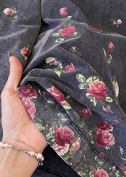 Grey O-neck Rose Print Cotton T Shirts Fall