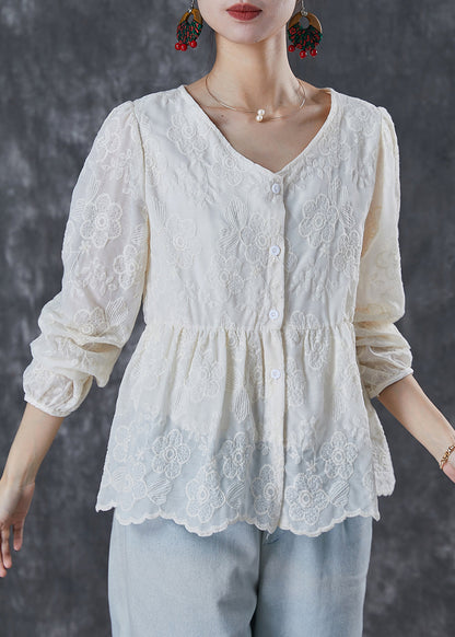 Milk White V Neck Embroidered Cotton Shirt Summer