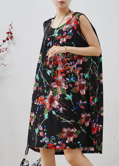 Black Oversized Print Cotton Mid Dress Summer