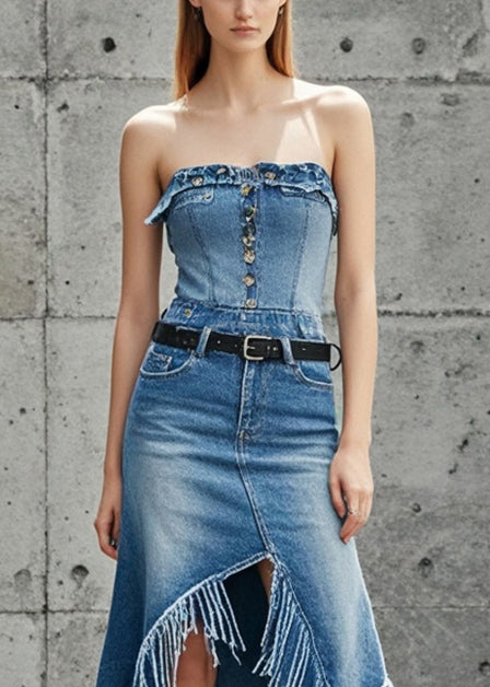 Blue Asymmetrical Patchwork Tasseled Denim Skirts Fall