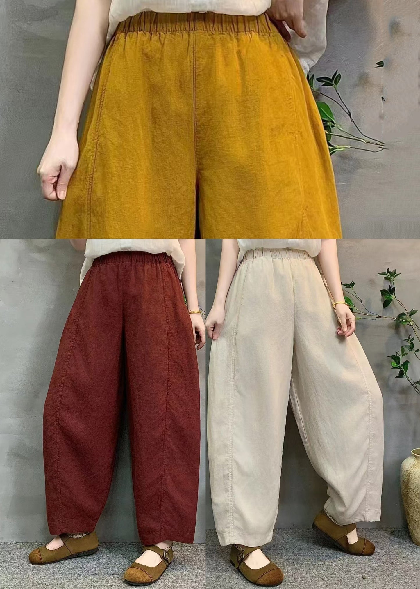Red Oversized Linen Crop Pants Summer