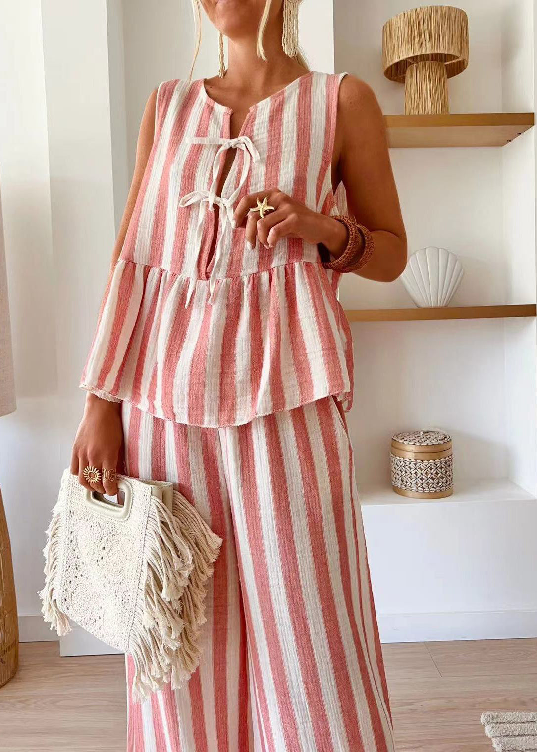 Pink Striped O-neck Top and Wide Leg Pants Two Piece Set Summer