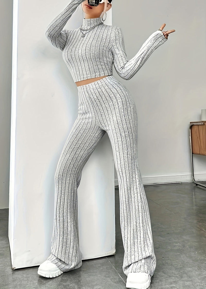 Stylish Light Grey High Neck Knit Two Piece Set Clothing Spring