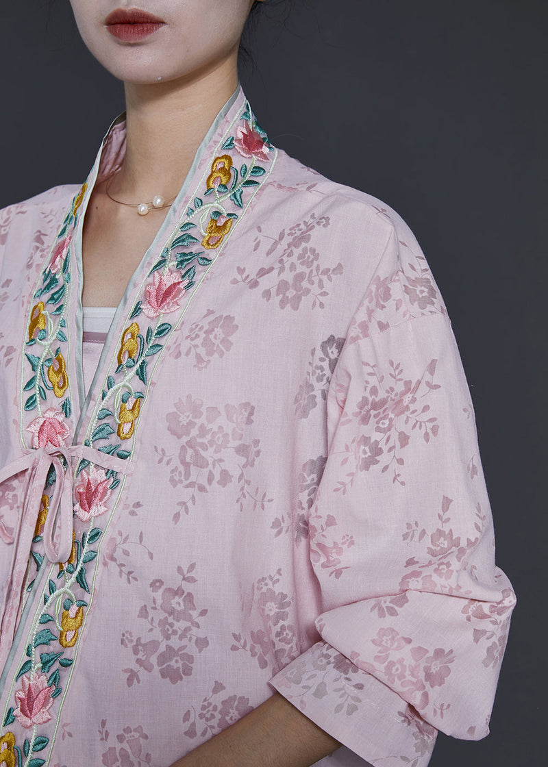 Pink Embroidered Lace Up Silk Cardigans Spring