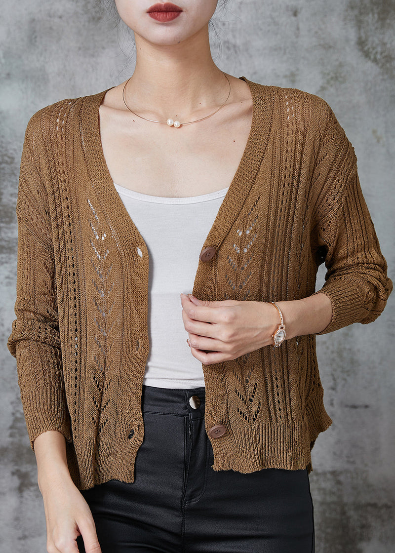 Coffee V Neck Hollow Out Knit Cardigans Spring