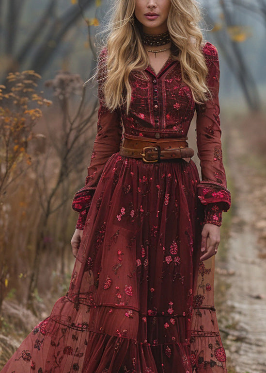Loose Red Print Patchwork Exra Large Hem Tulle Dresses Fall