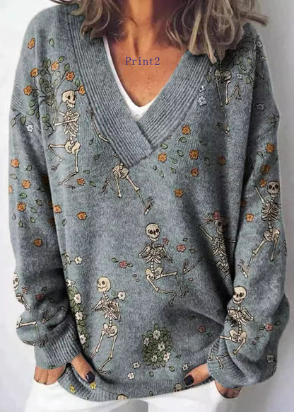 V Neck Print Knit Sweaters Spring
