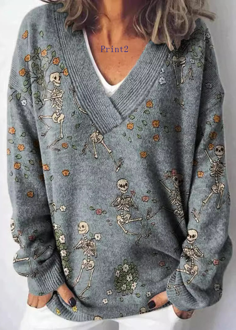 V Neck Print Knit Sweaters Spring