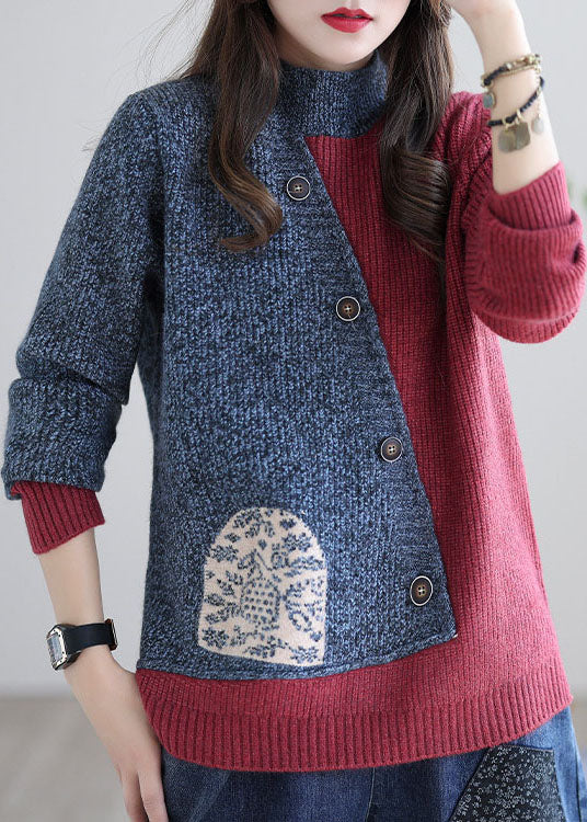 Red Grey Stand Collar Patchwork Knit Tops Spring