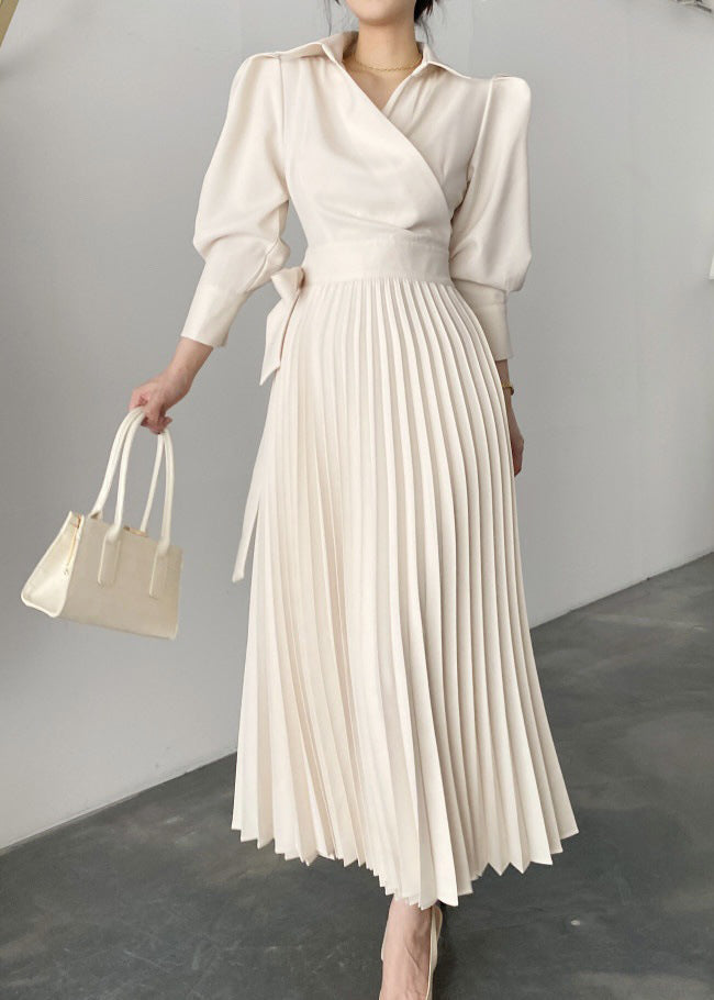 New Beige Puff Sleeve Peter Pan Collar Wrinkled Cotton Long Dress