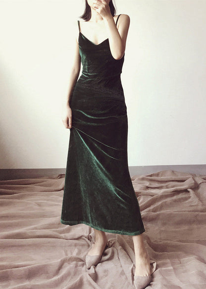 Green V Neck Velvet Spaghetti Strap Dress Fall
