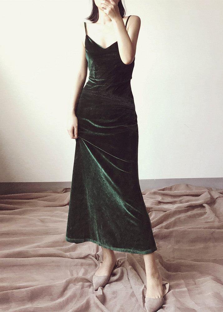 Green V Neck Velvet Spaghetti Strap Dress Fall