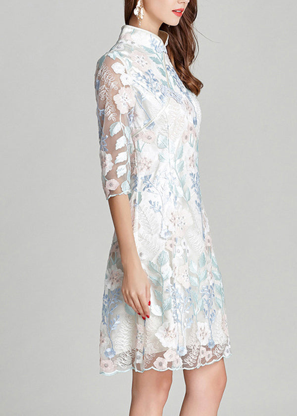 White Stand Collar Embroidered Silk Mid Dresses Summer