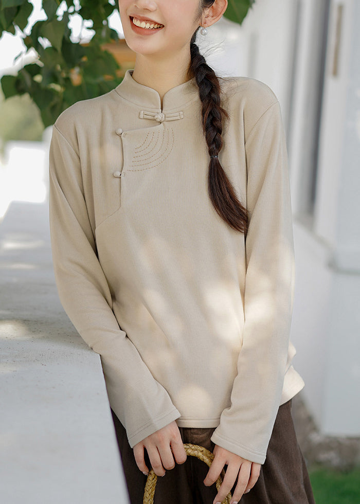 Red Stand Collar Embroidered Cotton Blouse Top Spring