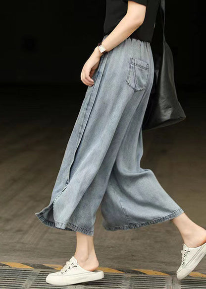Light Blue Elastic Waist Side Open Denim Crop Pants Summer