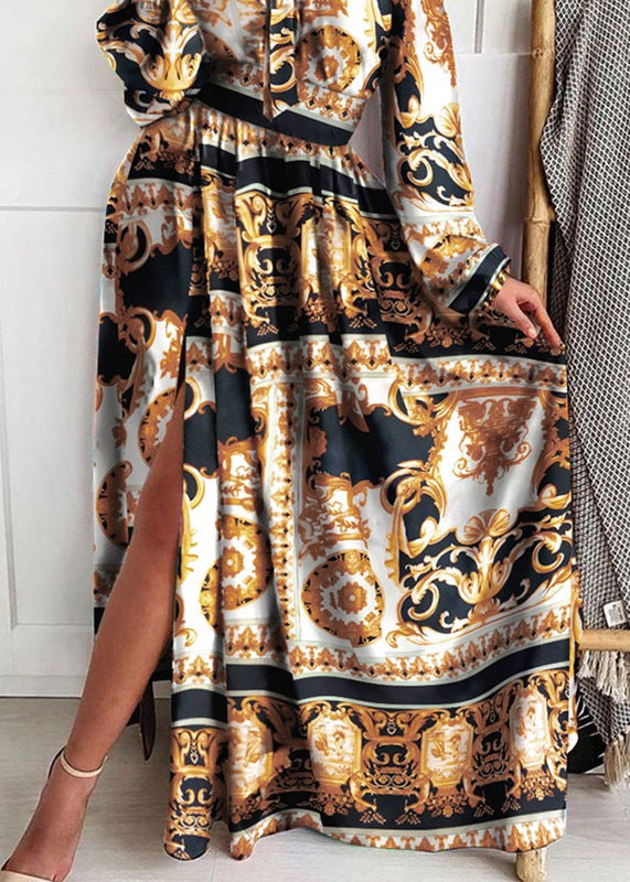 Red Slash Neck Print Side Open Cotton Dress Long Sleeve