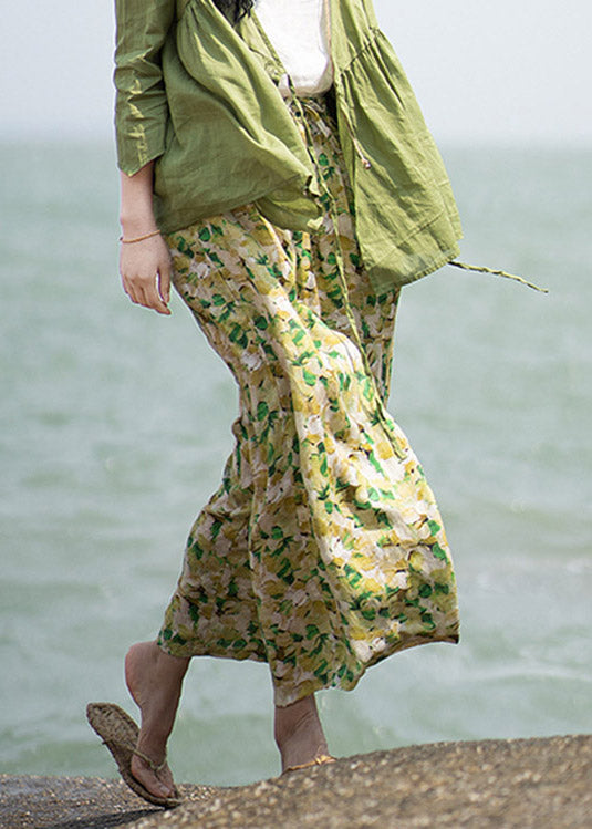 Green Print Tie Waist Linen Wide Leg Pants Summer
