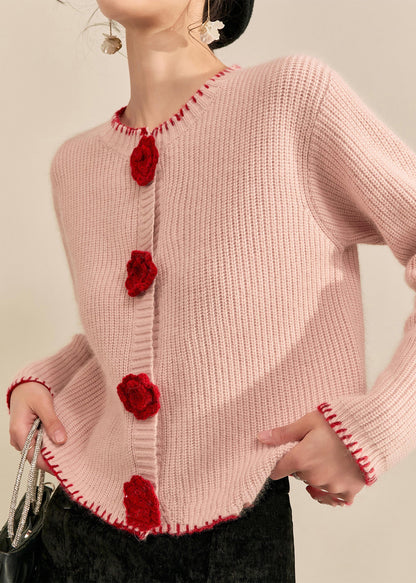 Art Pink Patchwork Button Cotton Knit Cardigan Fall