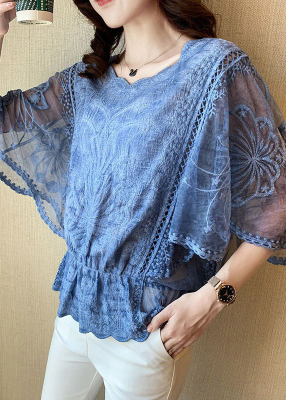 Grey Embroidered Hollow Out Cotton Top Batwing Sleeve