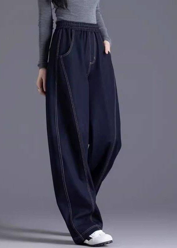 Stylish Navy Pockets Patchwork Elastic Waist Denim Pants Spring