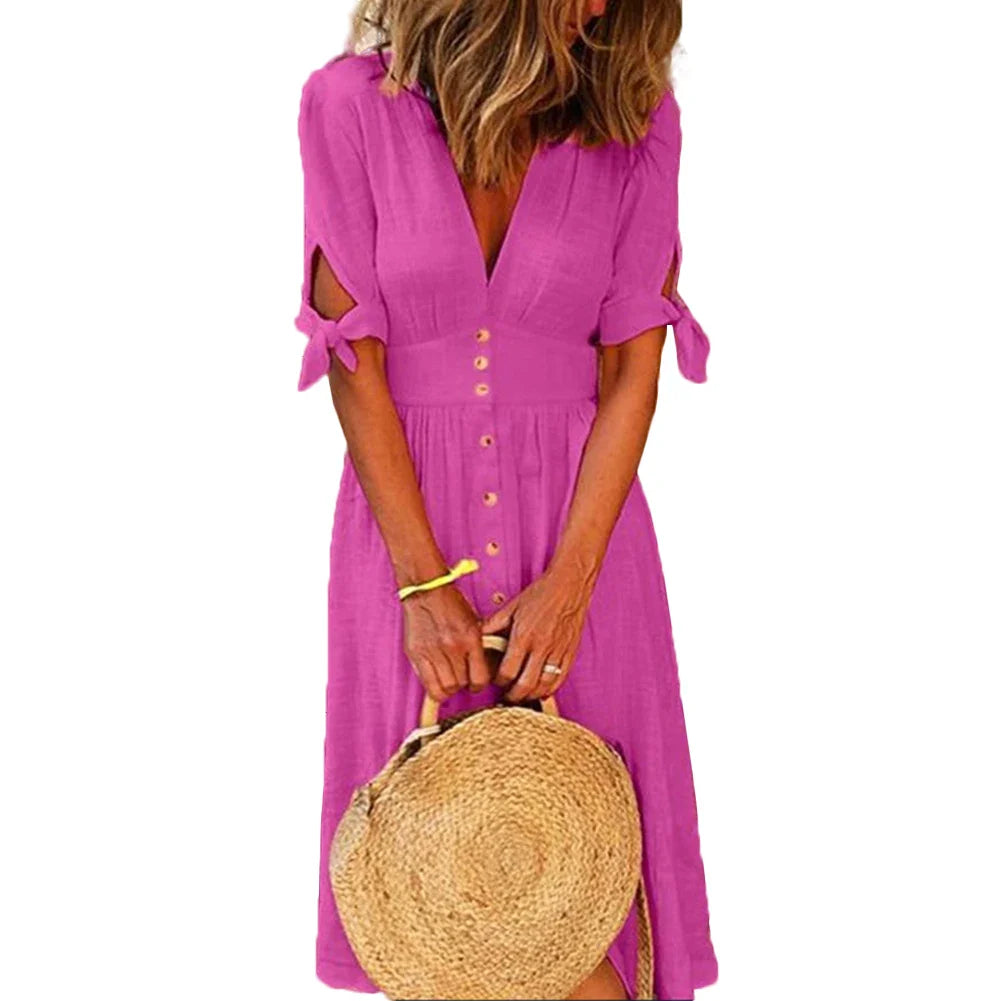 Color Deep V Neck Tied Half Sleeve Button Party Long Dress Summer Party Female Clothes Vestidos