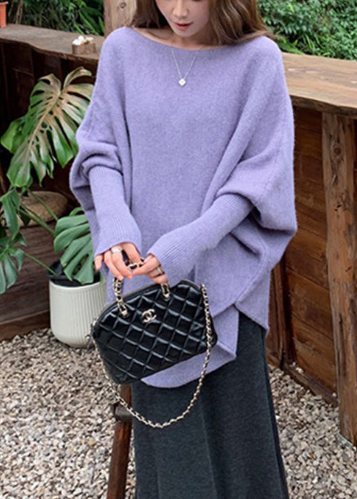 Purple O-neck Knit Sweater Batwing Sleeve