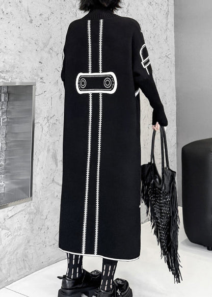Classy Black Turtleneck Print Wear on Both Sides Cotton Knit Long Sweater Dress Fall