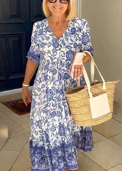 Blue V Neck Print Wrinkled Cotton Dress Summer