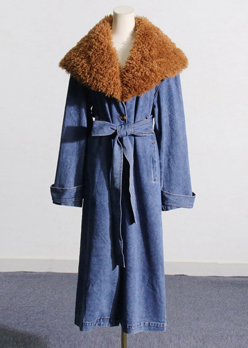 Denim Blue Fur Collar Patchwork Tie Waist Long Trench Coats Winter
