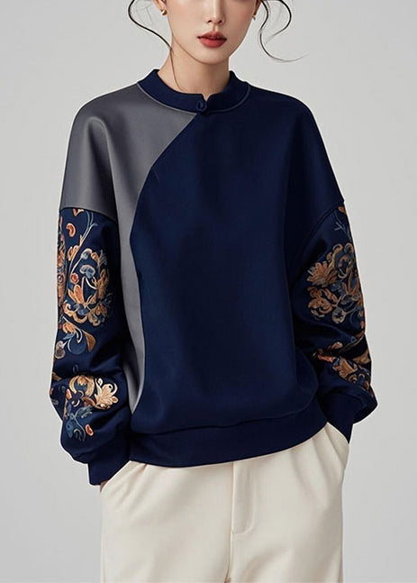 Navy Asymmetrical Patchwork Cotton Pullover Sweatshirt Spring