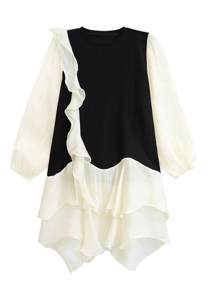 Apricot Ruffled Organza Patchwork Cotton Dress Fall
