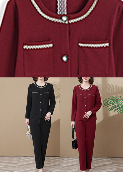 Wine Red O-neck Butto Cardigans and Wide Leg Pants Two Pieces Set Long Sleeve