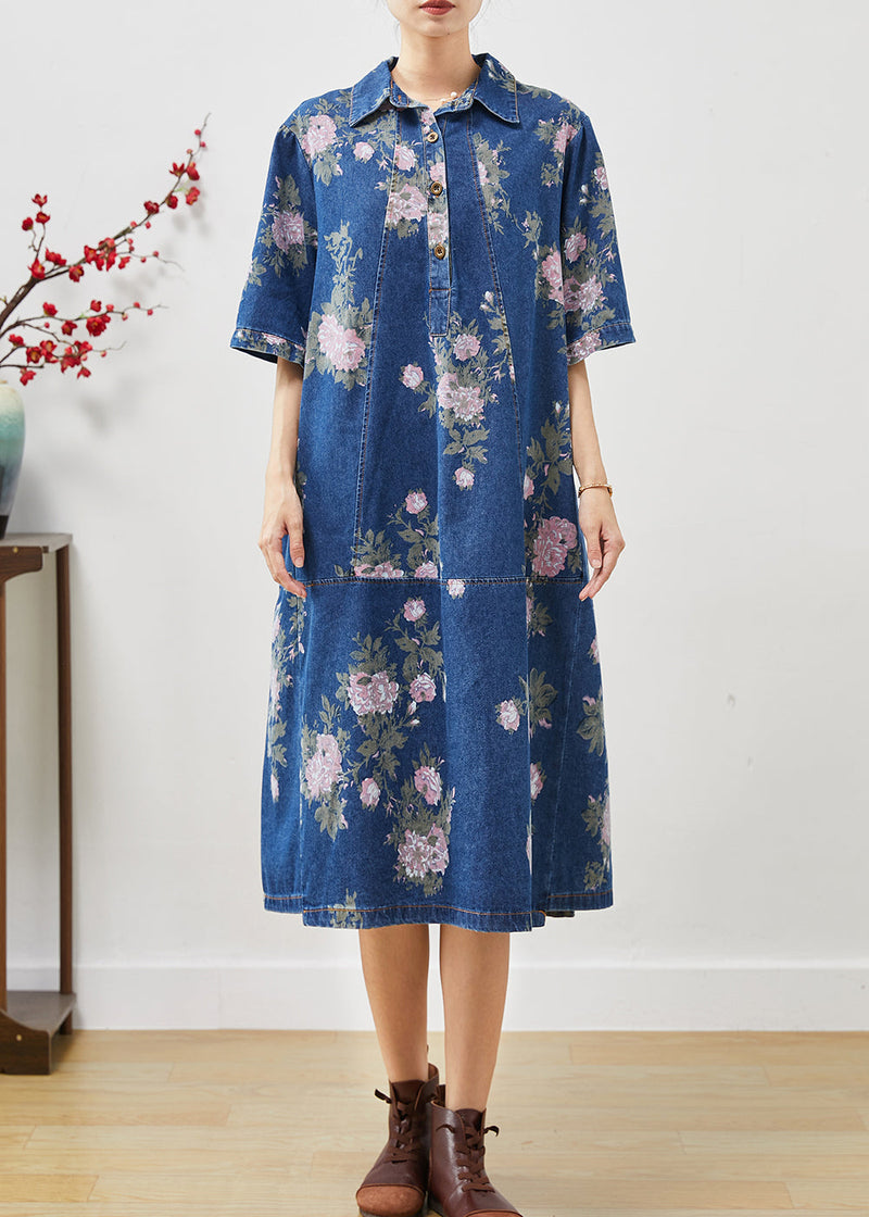 Blue Peter Pan Collar Print Denim Dress Summer