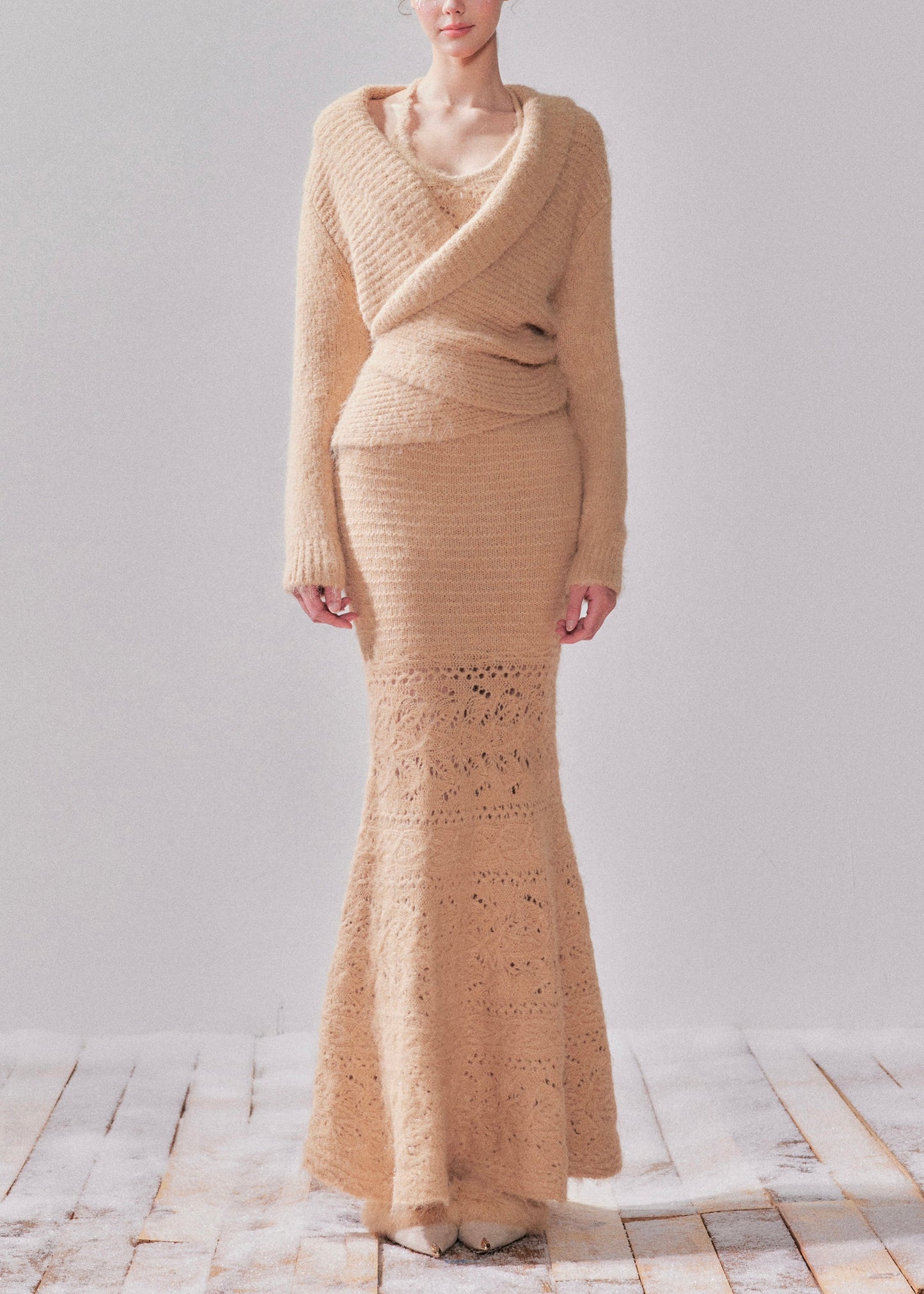 Handmade Khaki Hollow Out Cotton Knit Cardigans and Long Fishtail Dress Two Pieces Set Fall