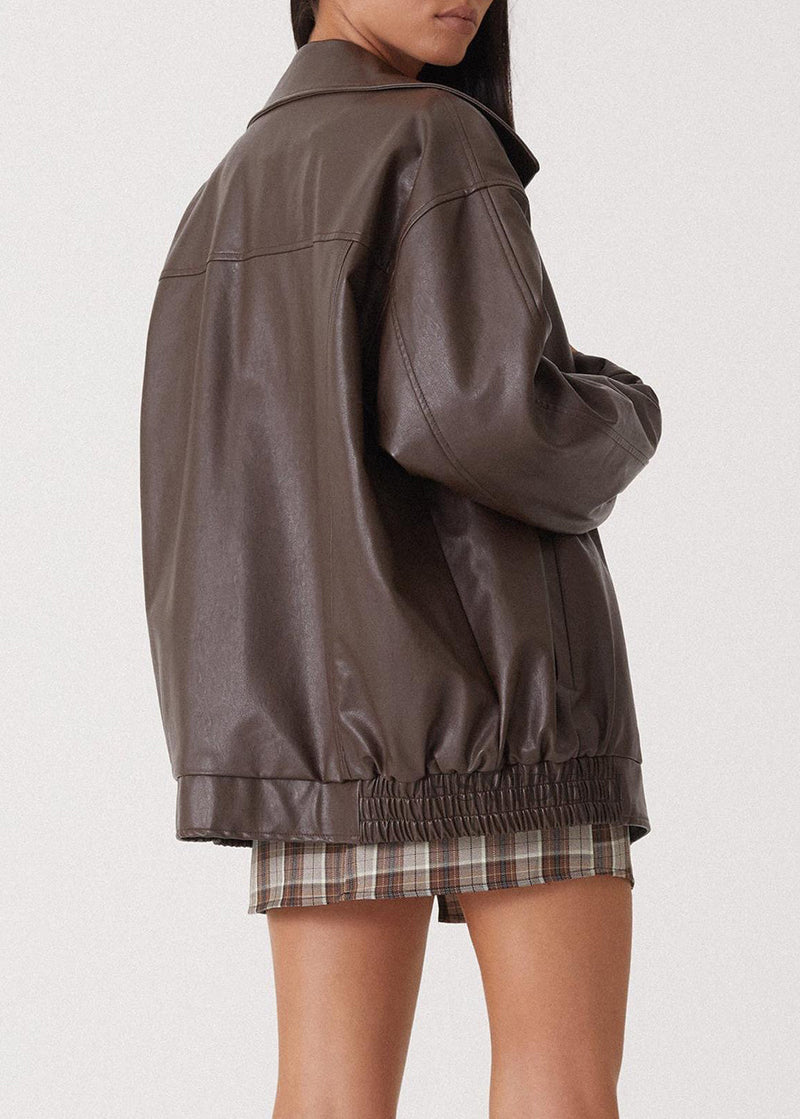 Coffee Peter Pan Collar Zippered Faux Leather Jackets Fall