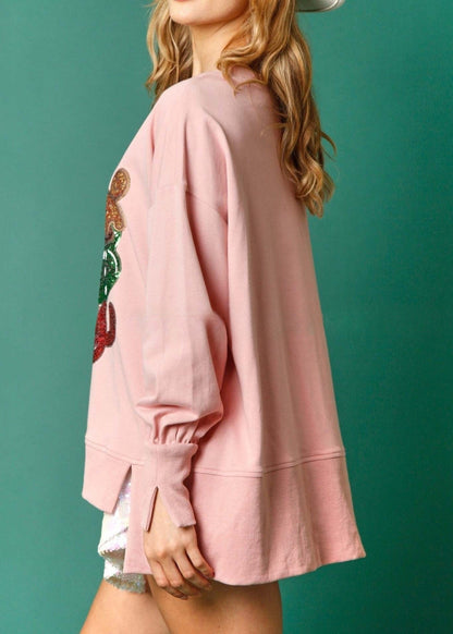 Grey O Neck Sequins Cotton Christmas Sweatshirt Winter