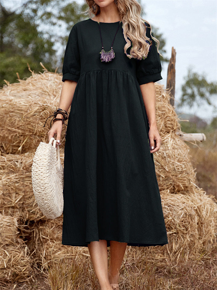 High Waist Round Neck Color Loose Waist Mid-length Skirt Cotton Linen Dress A-line Dress