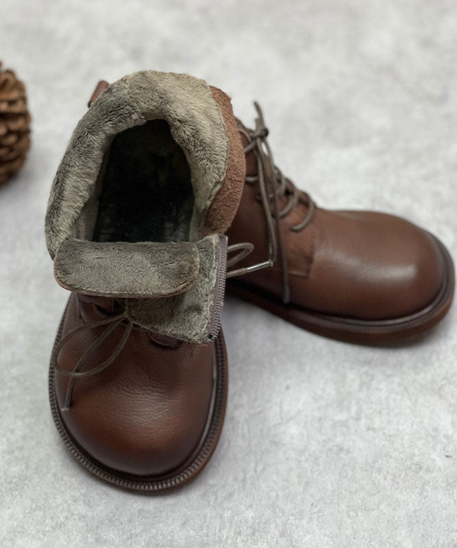 Chocolate Boots Cowhide Leather Warm Fleece Lace Up Boots