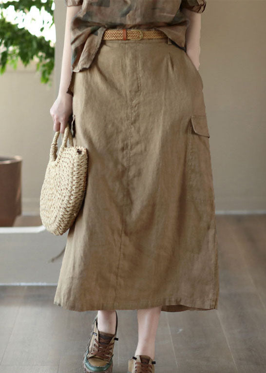 Khaki Pockets Patchwork Cotton a Line Skirts Summer