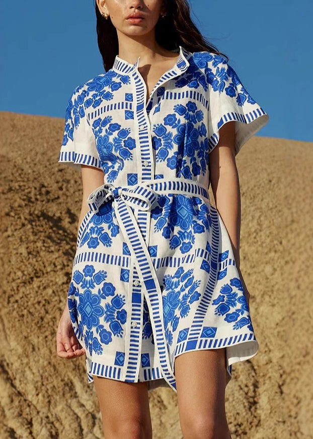 Blue Stand Collar Print Lace Up Cotton Mid Dress Summer