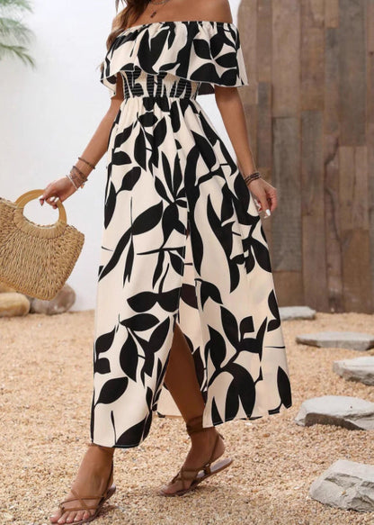 Apricot Slash Neck Print Side Open Cotton Long Dresses Summer